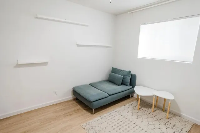 a living room with a couch and a rug