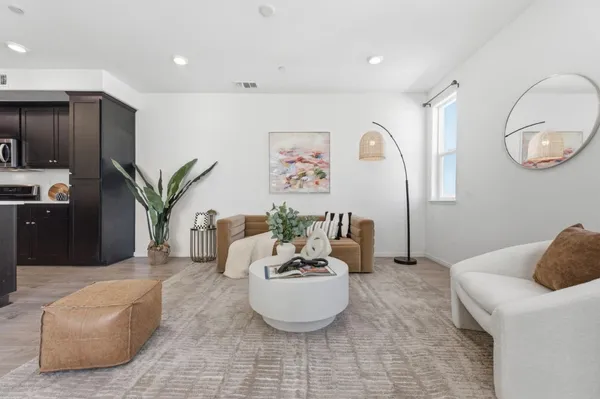 a living room with furniture potted plant and a wooden floor