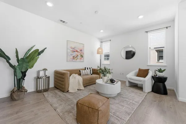 a living room with furniture and a potted plant