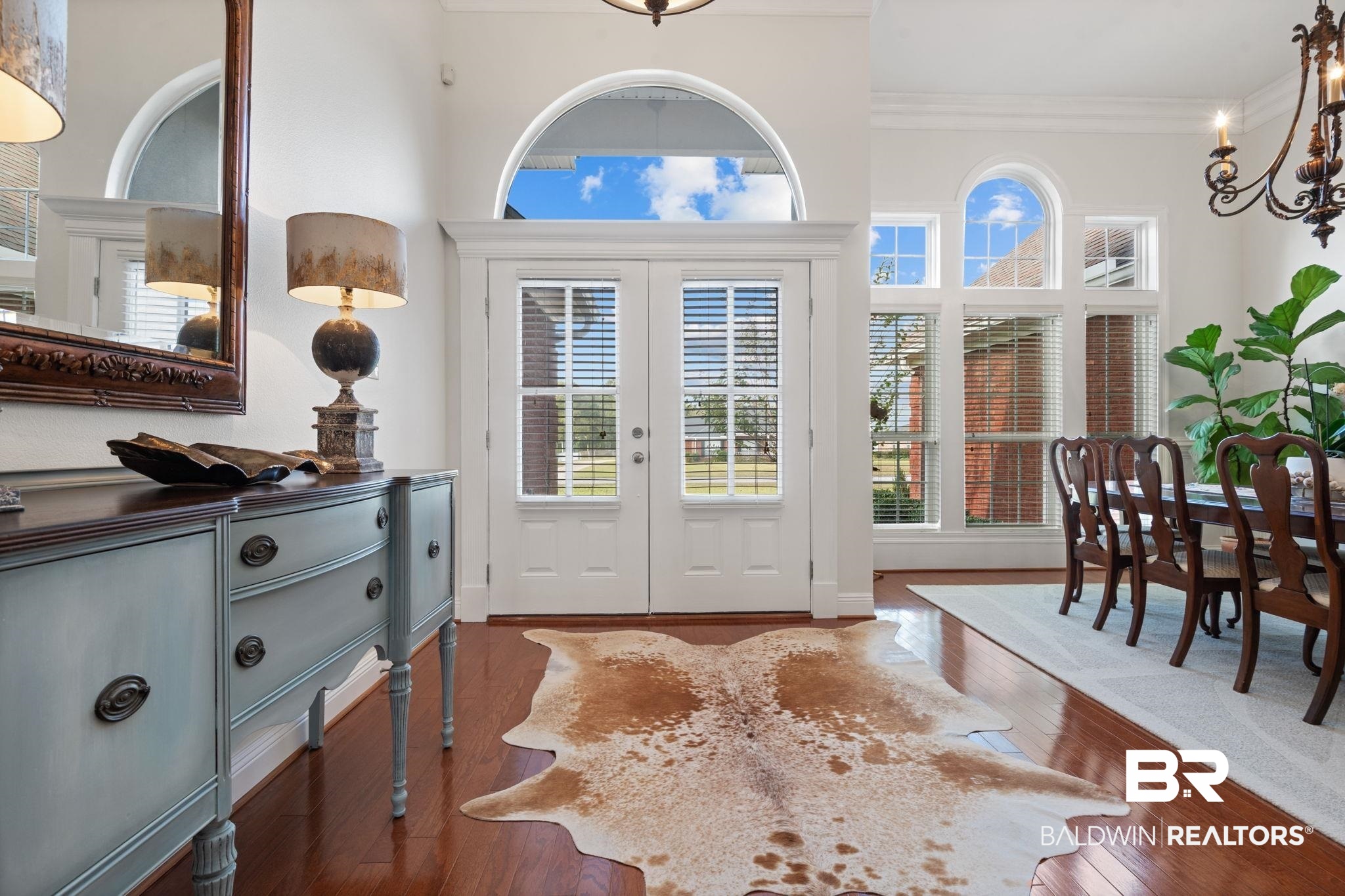 4771 Pecan Ridge East Mobile, AL 36619 - Photo 14 of 48 Entryway with french doors, hardwood / wood-style floors, a chandelier, and ornamental molding