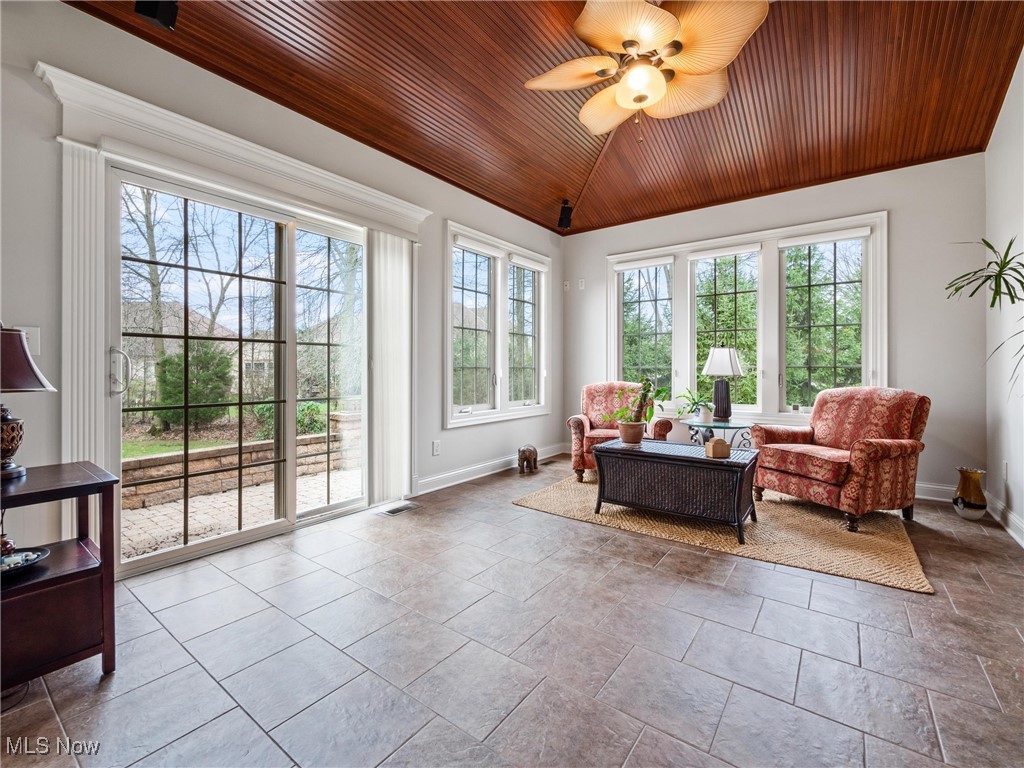 5349 Slater Ridge Westerville, OH 43082 - Photo 21 of 50 Sitting room featuring wooden ceiling, ceiling fan, and lofted ceiling
