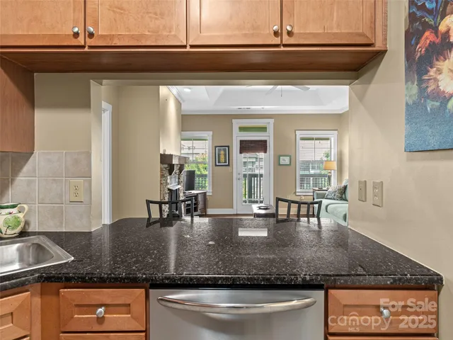 a kitchen with granite countertop a sink a stove and cabinets
