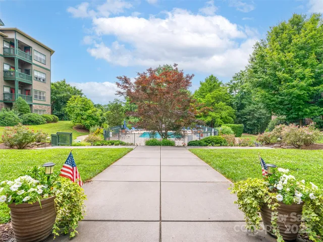 a view of a garden with a pathway