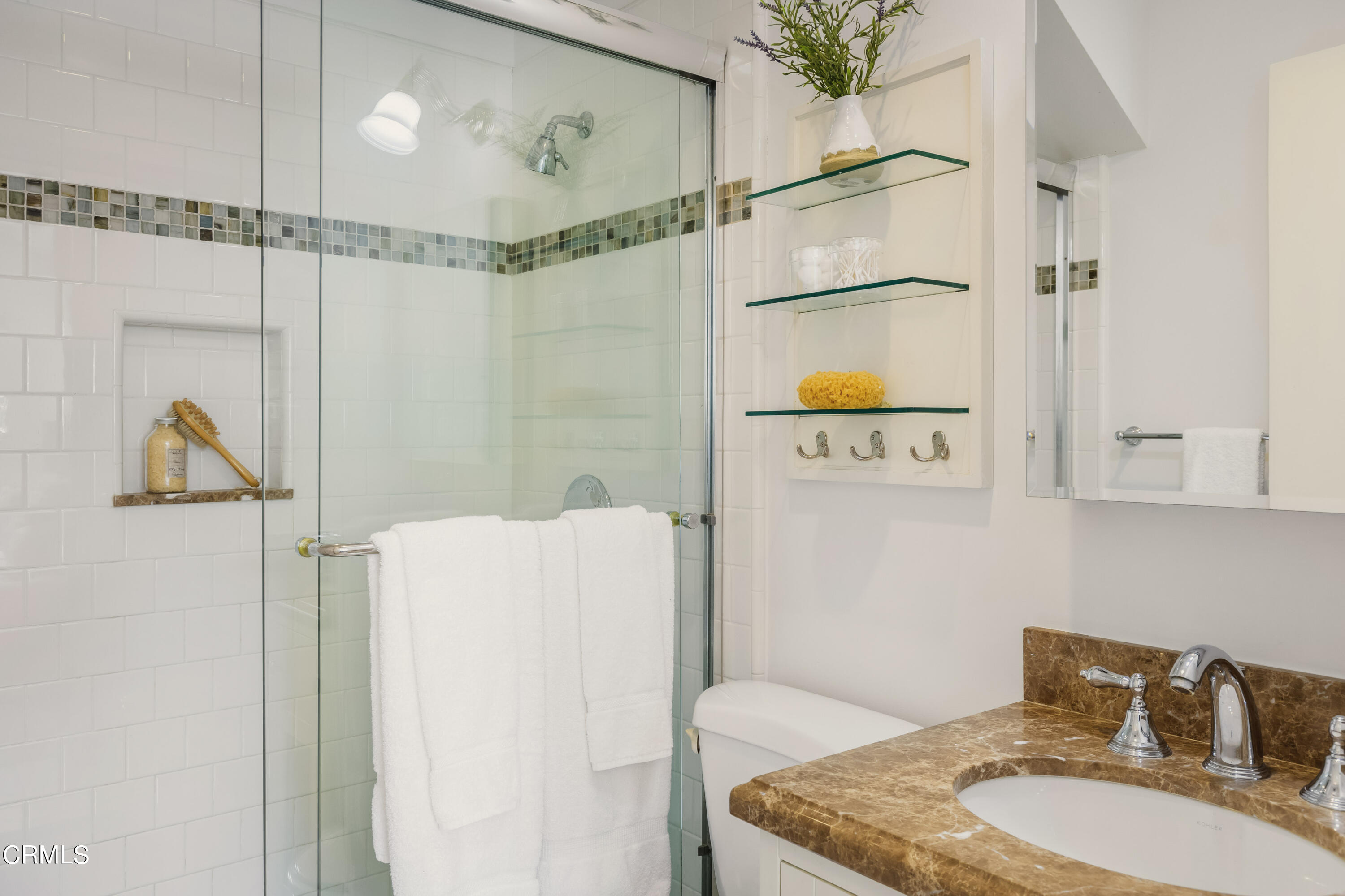 1100 Hermosa Road Pasadena, CA 91105 - Photo 14 of 17 a bathroom with a granite countertop sink a mirror and shower