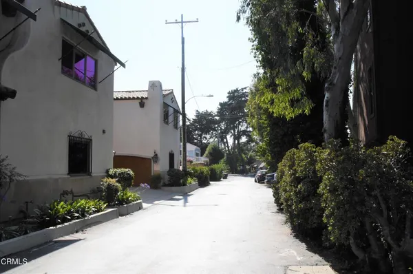 a view of a street with potted plants