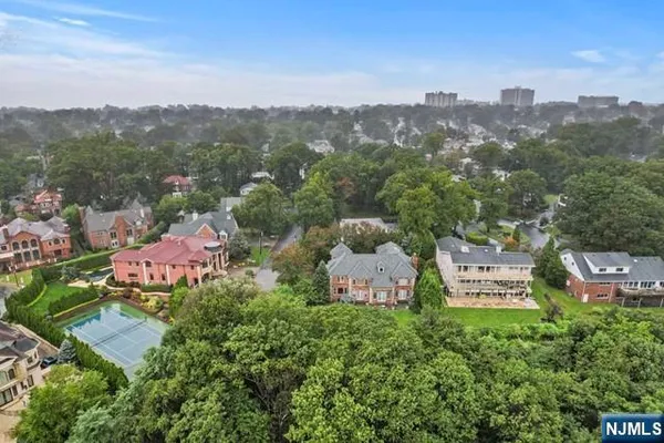 a view of a city with green space
