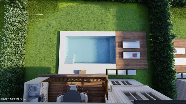 a view of a patio with table and chairs with wooden floor and fence