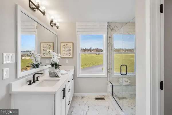 a bathroom with a sink a toilet a mirror and shower