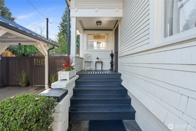 a view of a porch with furniture