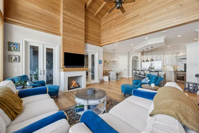 a view of a balcony with wooden floor