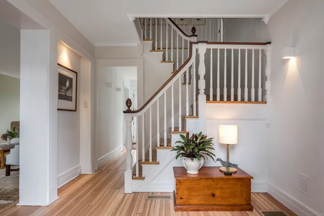 a living room with wooden floor and a potted plant