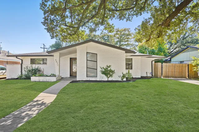 a view of a yard in front of a house with plants and large tree
