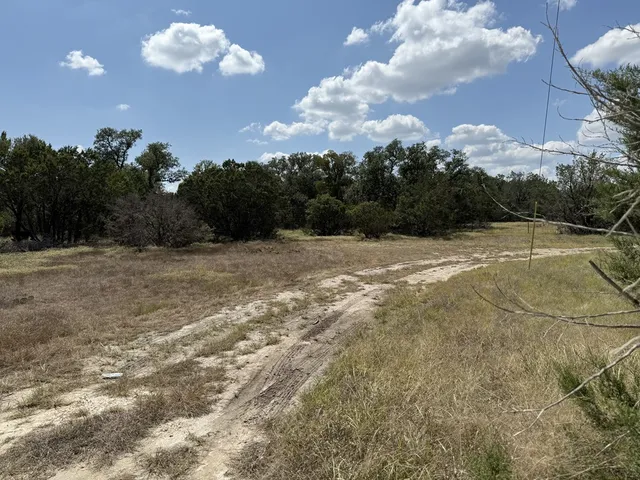a view of dirt field with trees in background