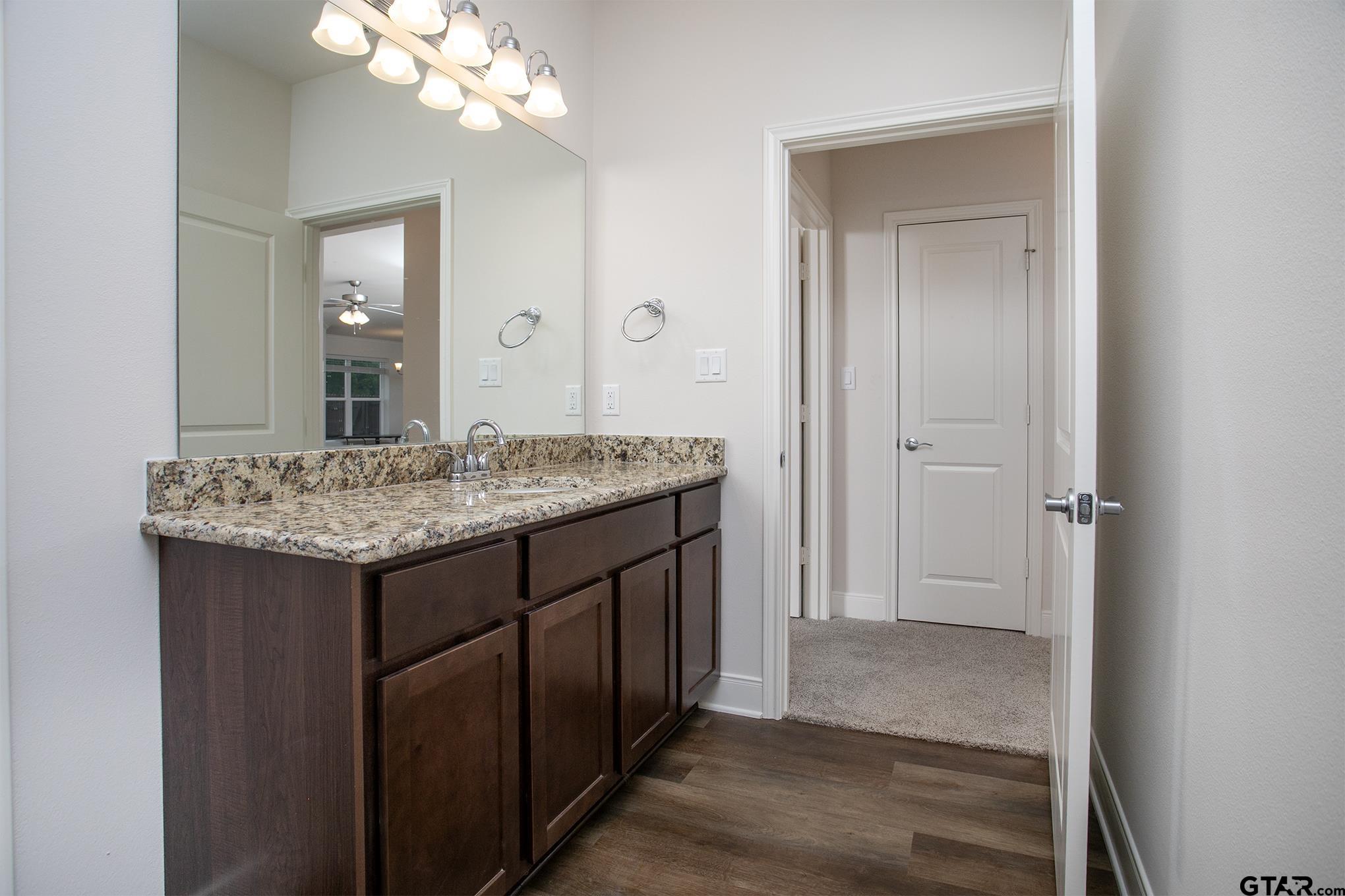 6143 Hamilton Mdws Way Tyler, TX 75703 - Photo 13 of 29 a bathroom with a granite countertop sink and a mirror