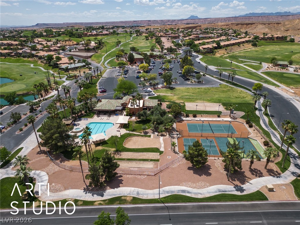 387 Silver Road Mesquite, NV 89027 - Photo 40 of 46 An aerial perspective showcases extensive community recreation facilities set against a scenic desert backdrop.