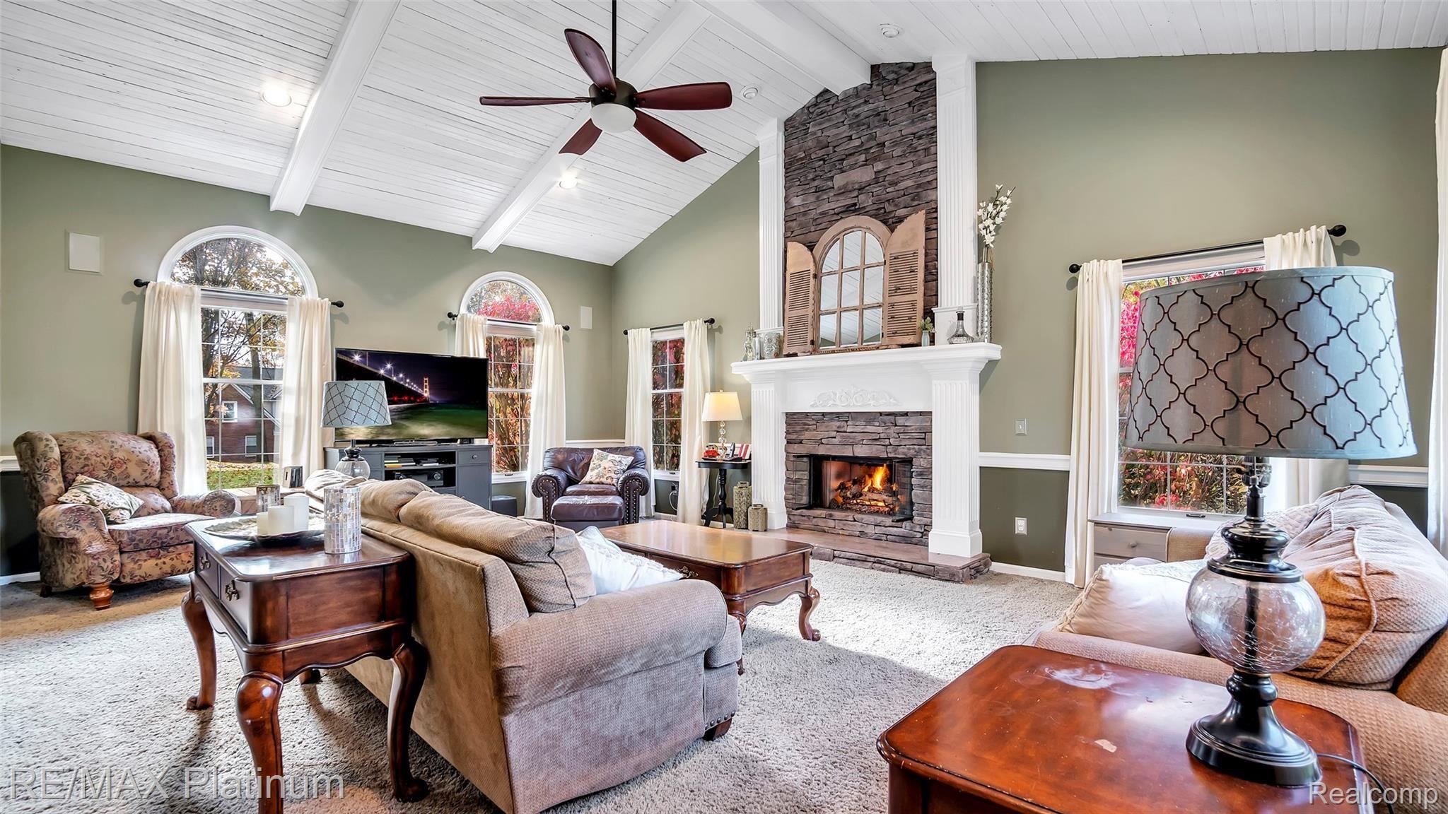 2439 Sunny Ridge Drive Pinckney, MI 48169 - Photo 6 of 42 Many Custom Finishes In This Beautiful Great Room Featuring Barn Wood Ceiling And Stone Fireplace