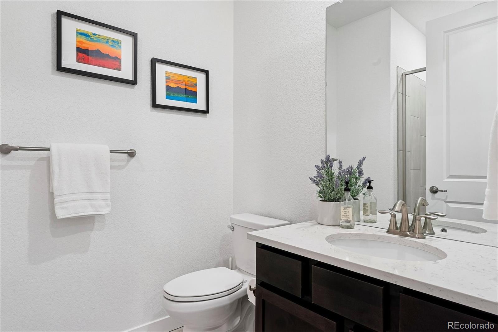 8500 South Riviera Court Aurora, CO 80016 - Photo 25 of 35 a bathroom with a toilet a sink and mirror