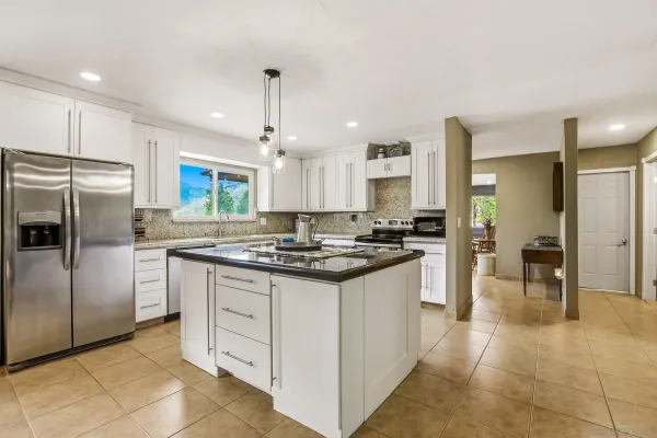 a kitchen with stainless steel appliances granite countertop a stove a sink a refrigerator and a refrigerator