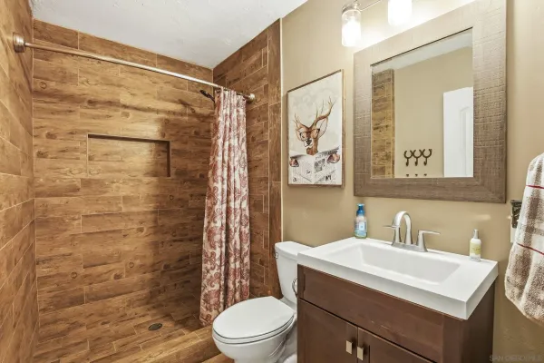 a bathroom with a sink toilet and shower