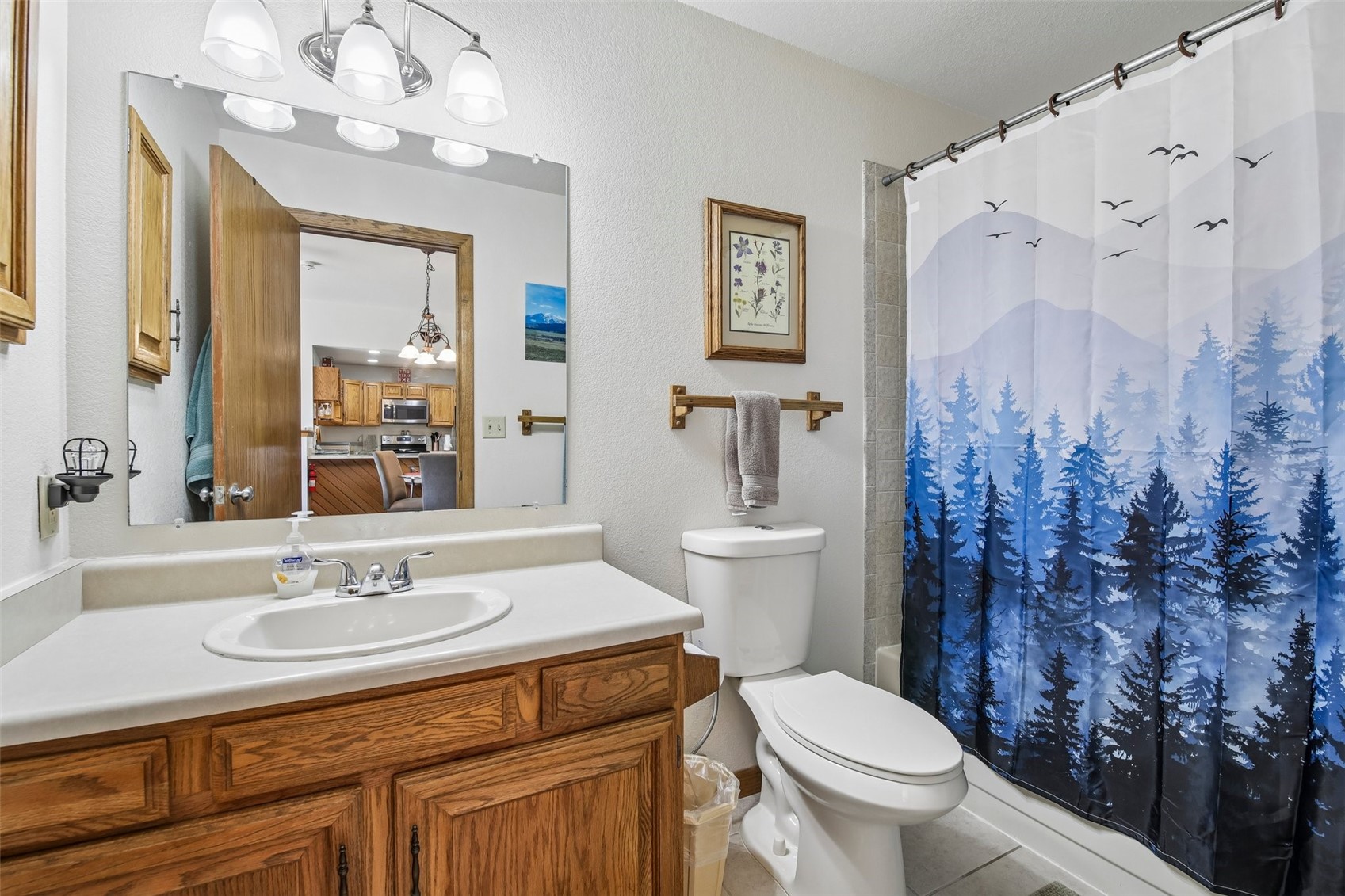 89310 Ryan Gulch Road, Unit 103 Silverthorne, CO 80498 - Photo 14 of 48 a bathroom with a sink toilet a mirror a vanity and shower
