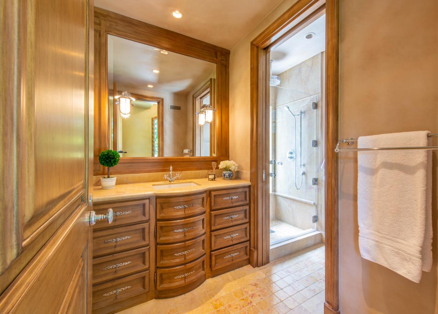 35 Ralston Road Atherton, CA 94027 - Photo 28 of 34 a bathroom with a granite countertop sink mirror and shower