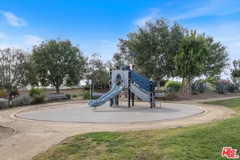 a view of a park with large trees