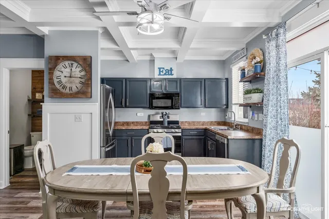 a view of a dining room with furniture