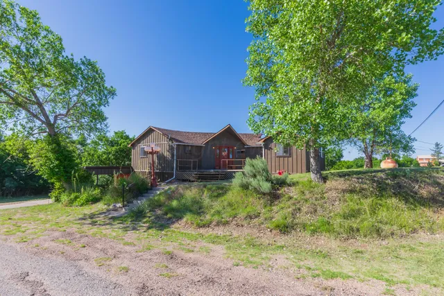 a view of a house with a yard and large trees