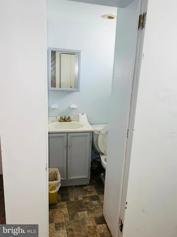 a bathroom with a sink toilet and mirror