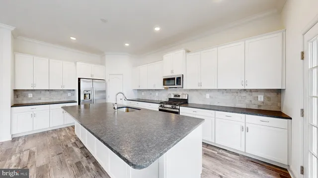 a kitchen with stainless steel appliances granite countertop a sink refrigerator and cabinets