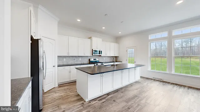 a kitchen with stainless steel appliances granite countertop a stove a sink and a refrigerator