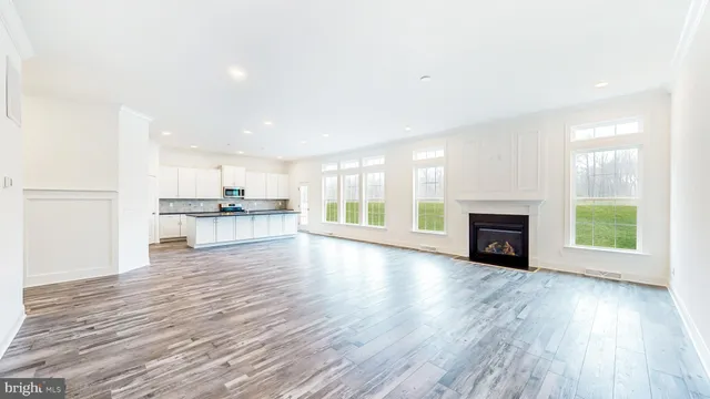 a view of empty room with wooden floor and fireplace