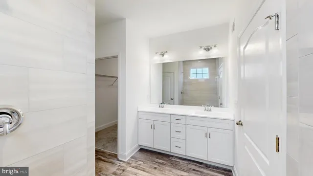 a bathroom with a double vanity sink a mirror and a shower