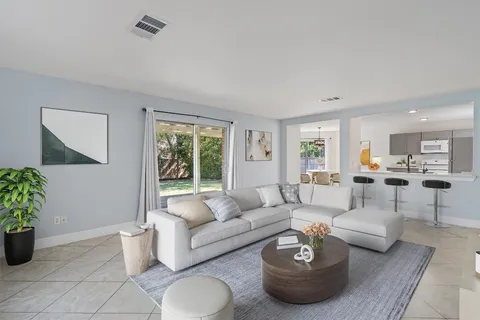a living room with furniture and a potted plant