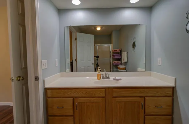 a bathroom with a sink and a mirror