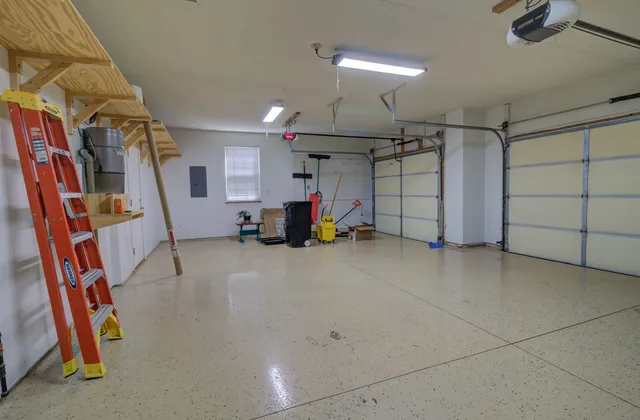 a view of a garage with storage