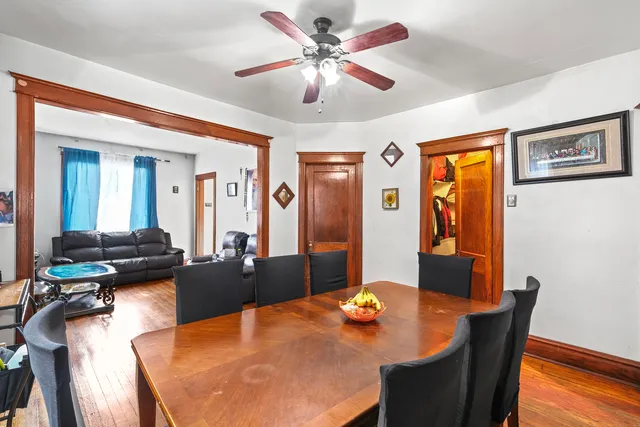 a view of a dining room with furniture