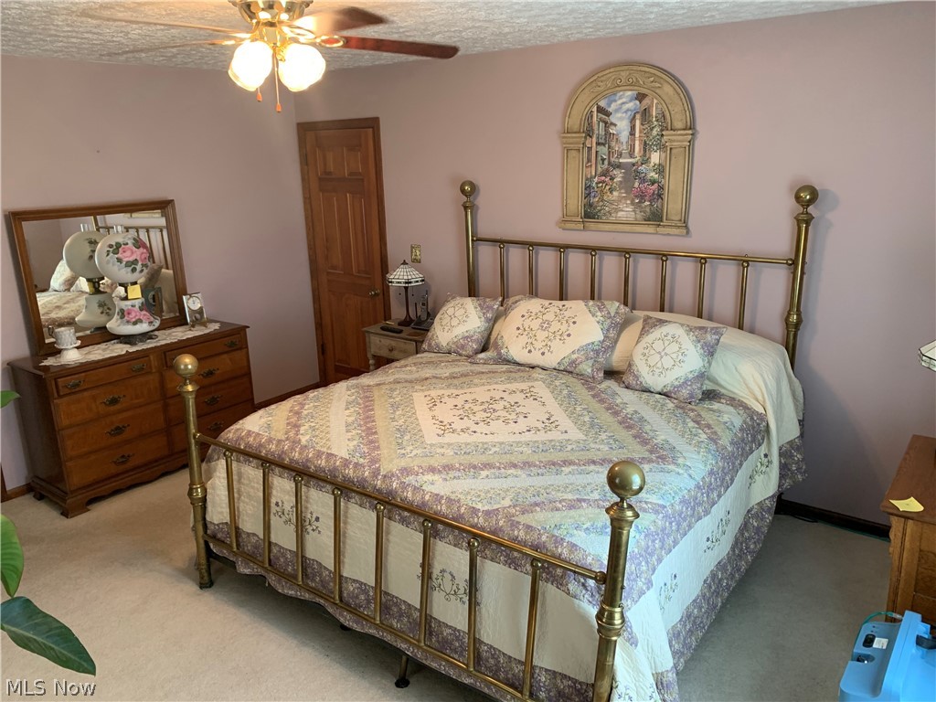 303 Orchard View Road Northeast Lancaster, OH 43130 - Photo 41 of 50 Bedroom with a textured ceiling, ceiling fan, and light carpet