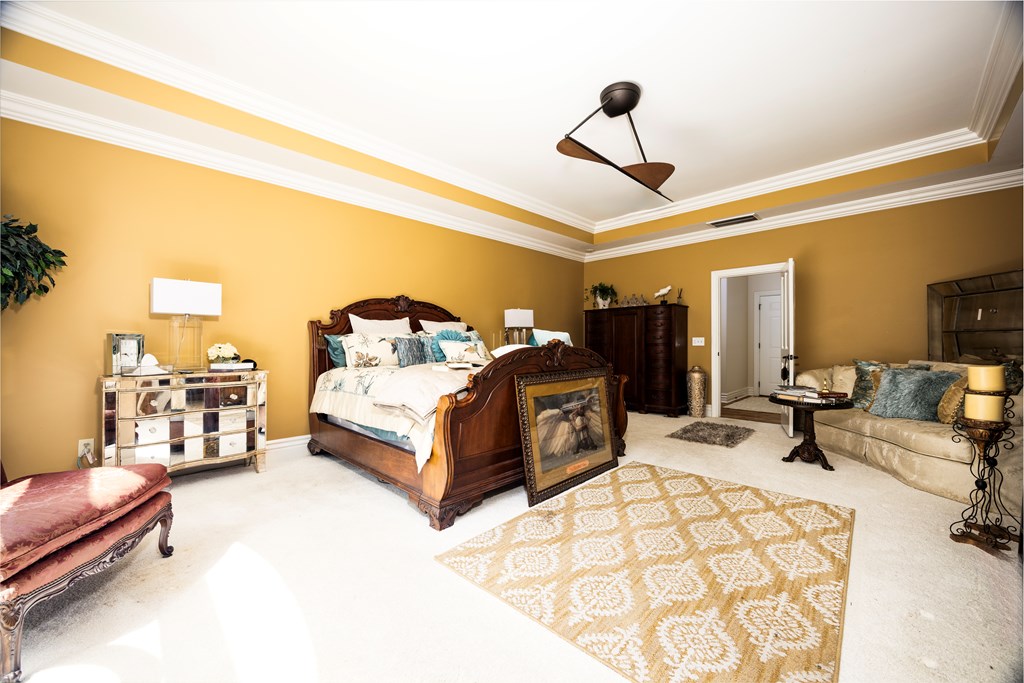595 Grey Rock Drive Midland, GA 31820 - Photo 46 of 95 a spacious bedroom with a bed a chandelier and a couch