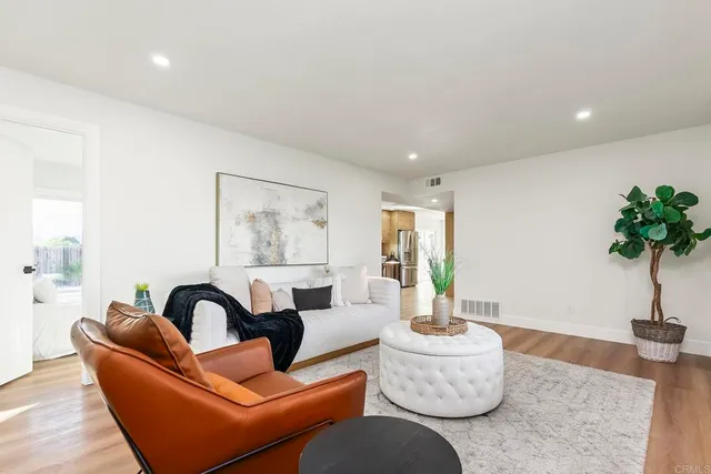 a living room with furniture and a potted plant