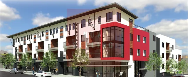 a front view of a multi story building