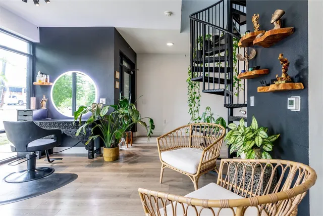 a living room with furniture flowerpot and a potted plant