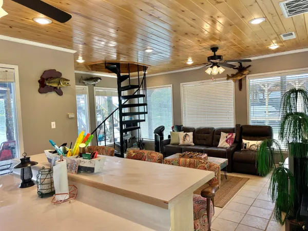 a view of a dining room with furniture