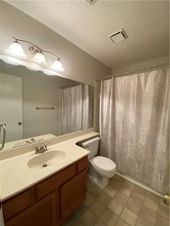 a bathroom with a sink a toilet a mirror and shower curtain