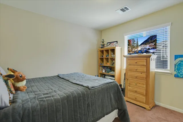 a bedroom with a bed and a closet