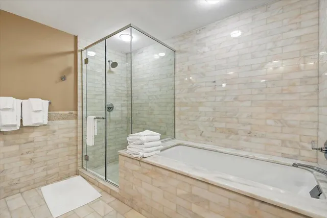 a bathroom with a bathtub and a shower