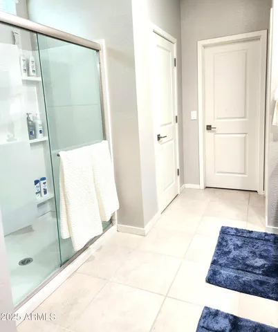 a bathroom with a shower and a toilet