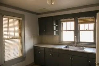 a kitchen with a sink and windows