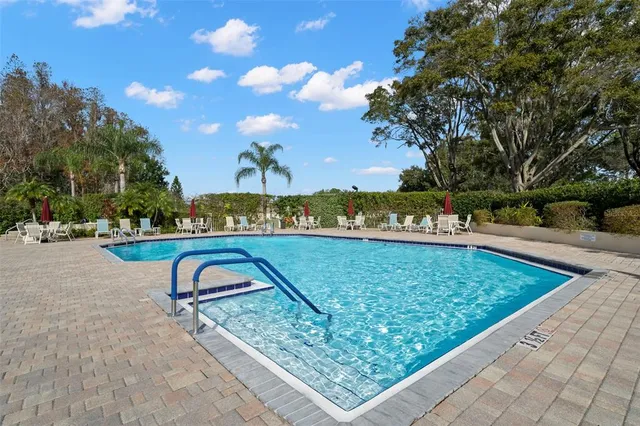 a view of a swimming pool with a patio and a garden