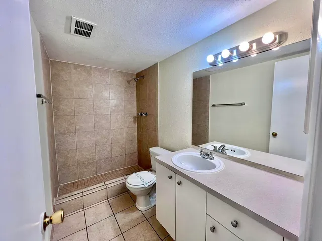 a bathroom with a sink a toilet a mirror and shower